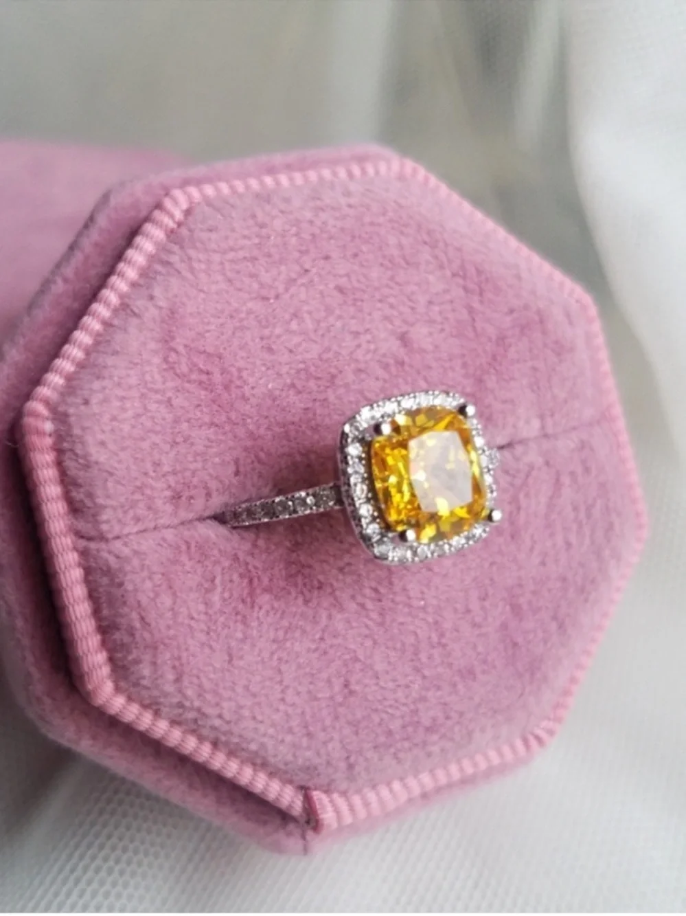 Swarovski Elements 925 Sterling Silver Solitaire Halo Yellow Citrine Ring NEW